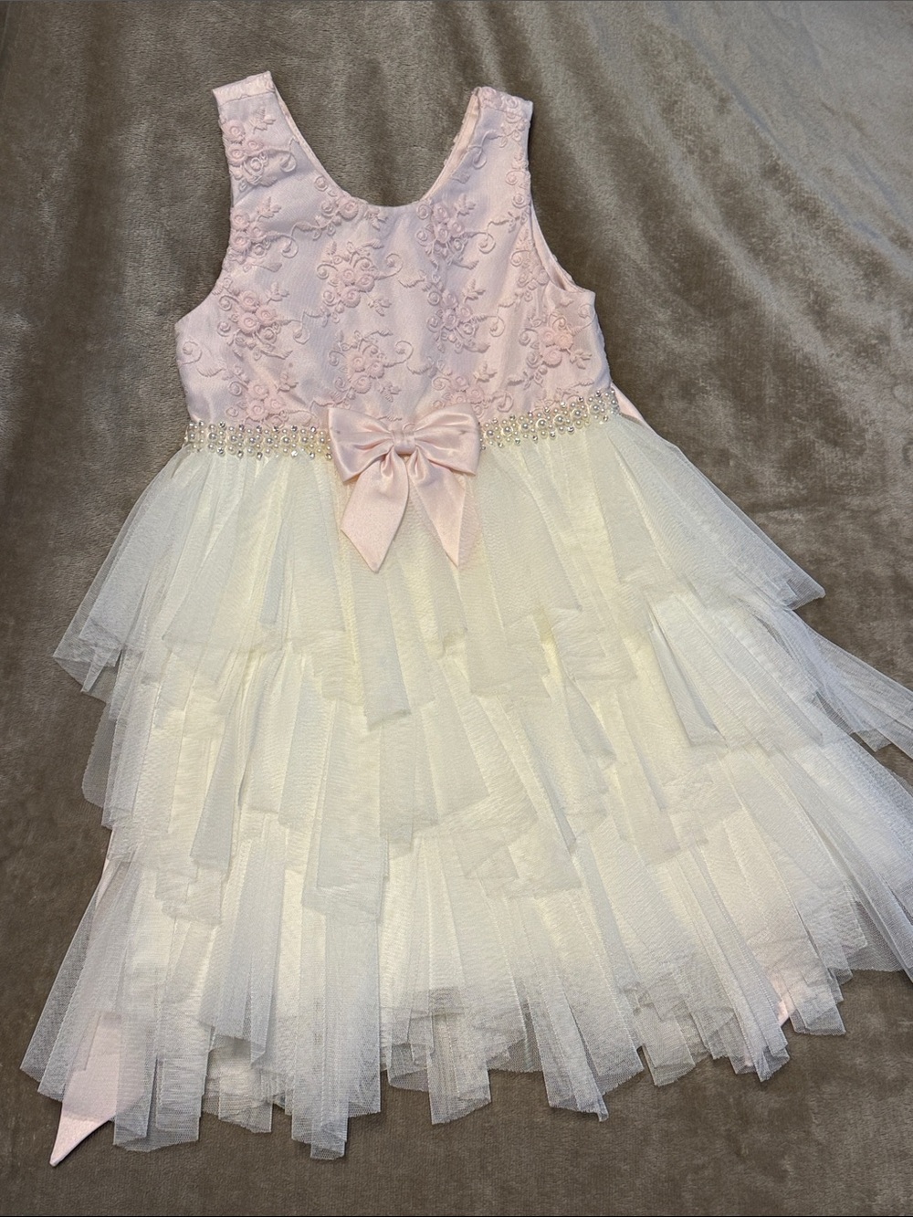 Girls Pink and Cream Tiered Tulle Party Dress with Bow 4T